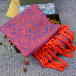 Ethno Brocade Fringe-trimmed Red scarf